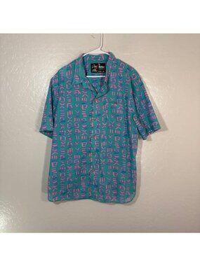 The Nutter Shirt Mens XL Teal Pink Hawaiian Aloha Button Front Abstract Print